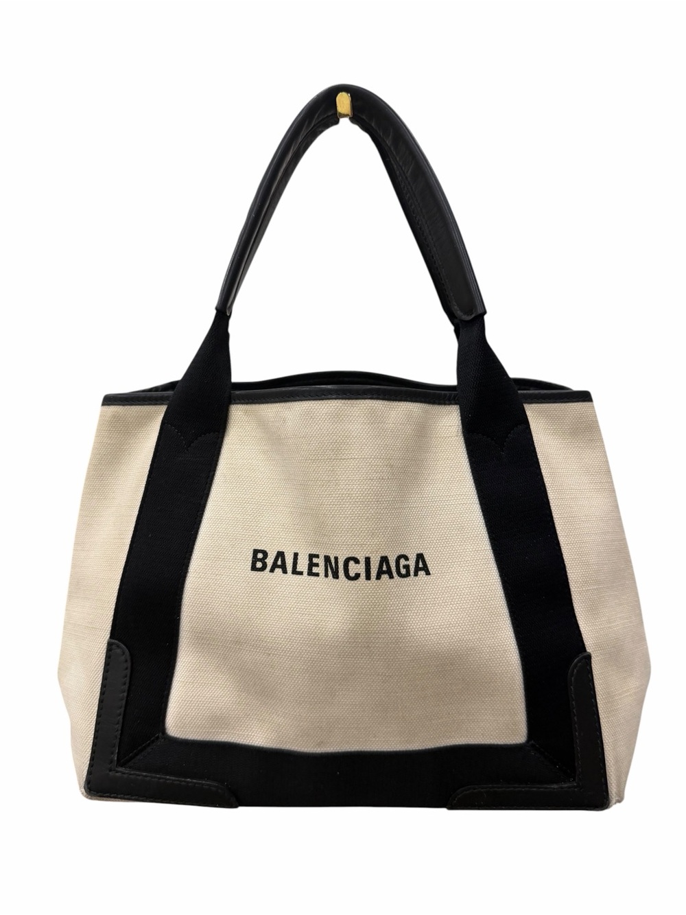 Balenciaga Navy Cabas Small Canvas Tote Bag Natural Black Leather with Pouch